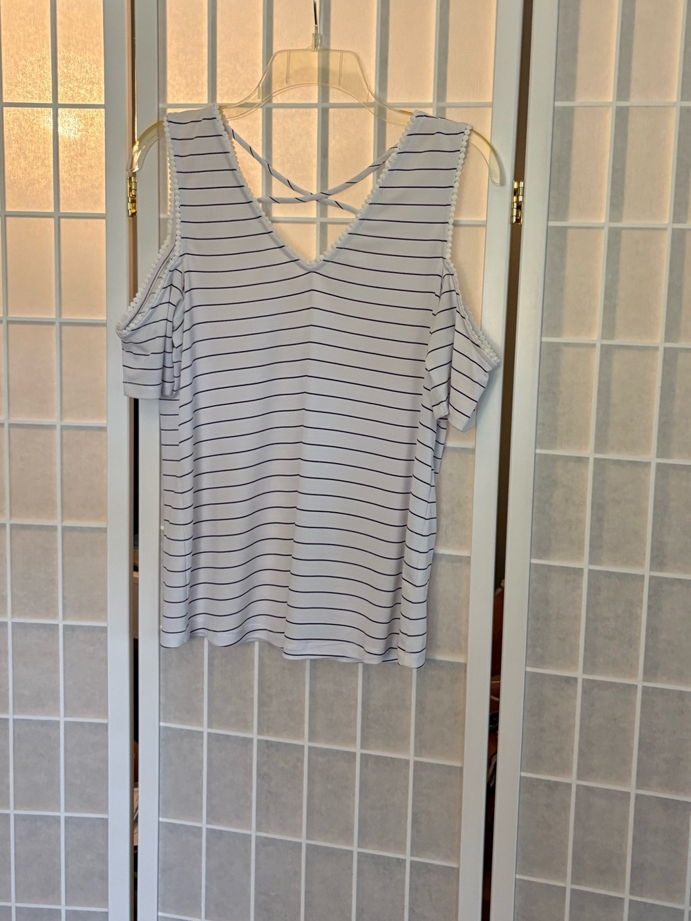 Maison Jules White Cold-Shoulder V-Neck Tank with Navy Stripes